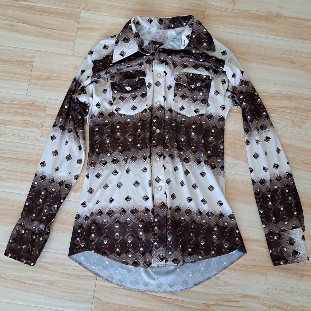H Bar C Ranchwear Vtg Pearl Snap Graphic Pearl Snap Cowboy Western Wear Sz 16-34